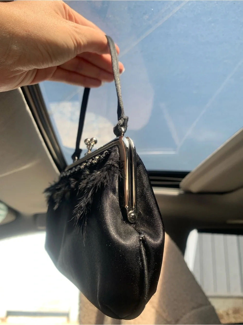 La Regale Kiss Lock Vintage Black Satin Feather Evening Bag